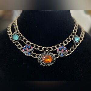 Vintage-Inspired Multistone Gold-Tone Necklace with Orange Center Gem
